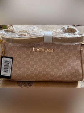 bebe Beige Textured Logo Shoulder Bag with Gold Hardware